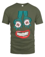 Tshirt Creepy Smile and Eyes, Funky Horror Art - military green t-shirt on white background