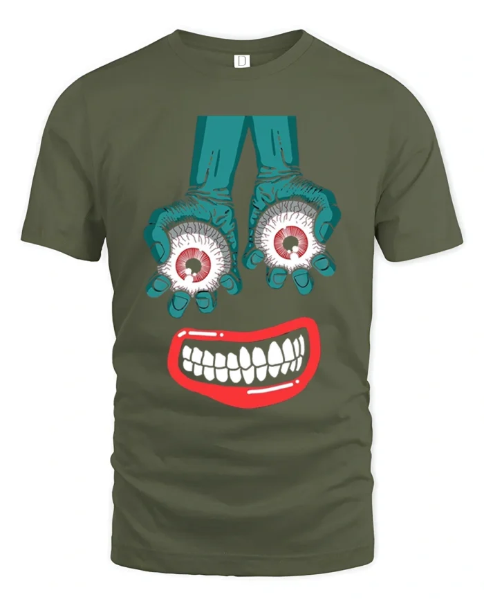Tshirt Creepy Smile and Eyes, Funky Horror Art - military green t-shirt on white background