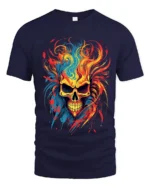 Psychedelic Flame Skull, Wild Fire Art TShirt - navy t-shirt on white background