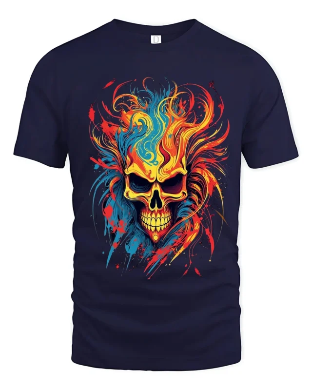 Psychedelic Flame Skull, Wild Fire Art TShirt - navy t-shirt on white background