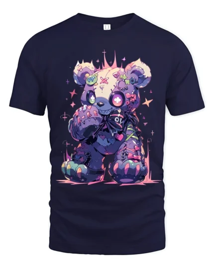 Neon Stitched Teddy Bear TShirt, Edgy Cute Design - navy t-shirt on white background