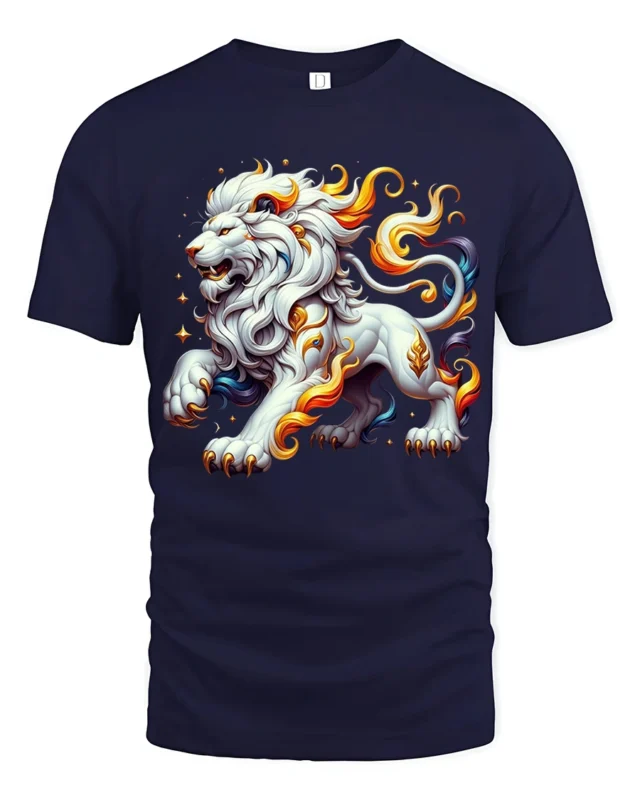 Celestial White Lion Flame, Bold Artistic Tshirt - navy t-shirt on white background
