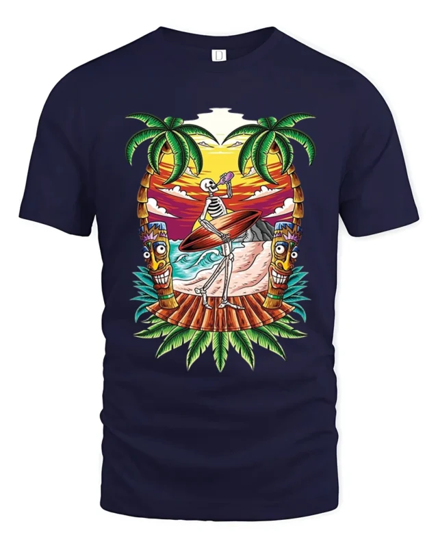 Fun Skeleton Surf Tshirt - navy t-shirt on white background