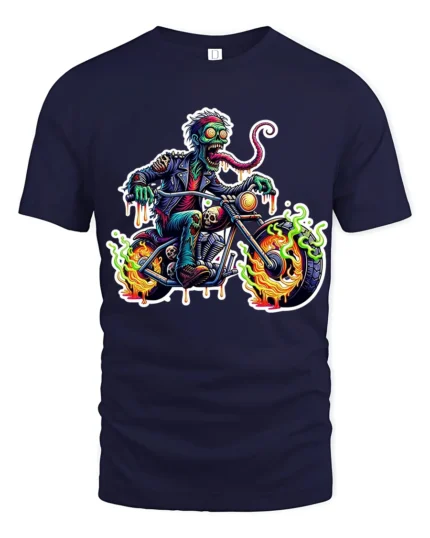 Zombie Rider Flames Tshirt - navy t-shirt on white background