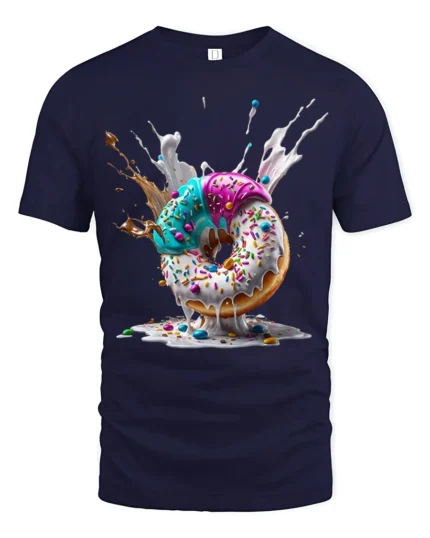 Melting Donut Explosion, Candy Sprinkle Graphic Tshirt - navy t-shirt on white background