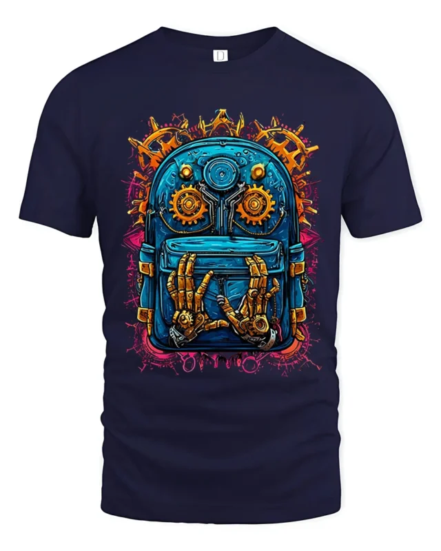 Futuristic Backpack Robotics Tee - navy t-shirt on white background