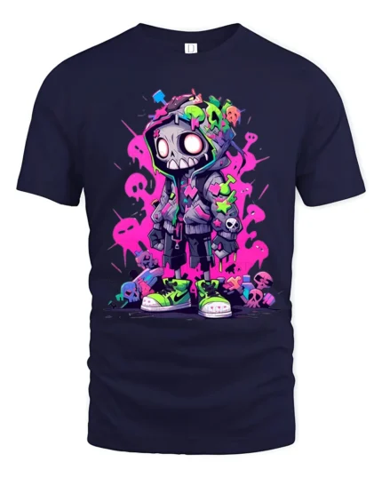 Hooded Skeleton Urban Graphic Tshirt, Bold Neon Colors - navy t-shirt on white background