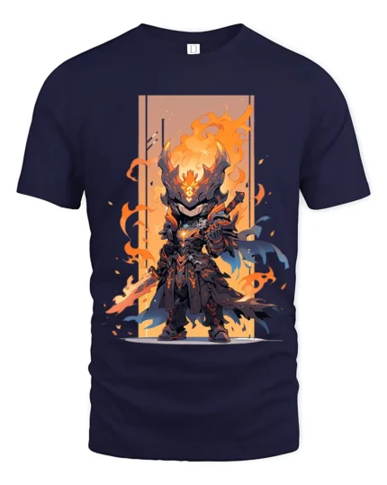 Epic Fire Knight Battle Armor Tshirt for Gamers - navy t-shirt on white background