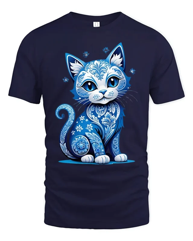 Artistic Blue Cat, Floral Design Cat Lovers Tshirt - navy t-shirt on white background