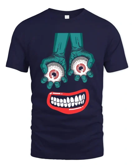 Tshirt Creepy Smile and Eyes, Funky Horror Art - navy t-shirt on white background