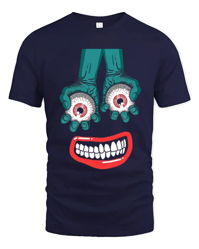 Tshirt Creepy Smile and Eyes, Funky Horror Art - navy t-shirt on white background