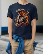 Molten Pirate Soul T-Shirt - model wearing navy shirt, hands in pockets