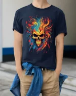 Psychedelic Flame Skull, Wild Fire Art TShirt - model wearing navy shirt, hands in pockets