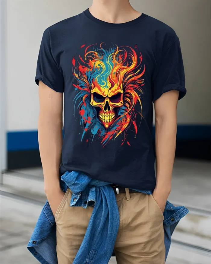 Psychedelic Flame Skull, Wild Fire Art TShirt - model wearing navy shirt, hands in pockets