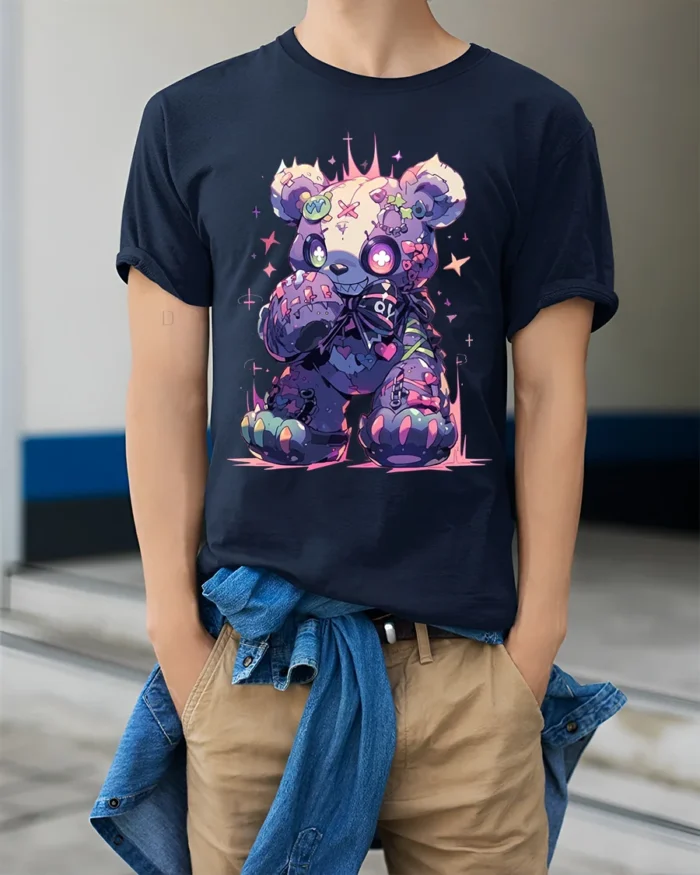 Neon Stitched Teddy Bear TShirt, Edgy Cute Design - model wearing navy shirt, hands in pockets