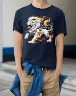 Celestial White Lion Flame, Bold Artistic Tshirt - model wearing navy shirt, hands in pockets