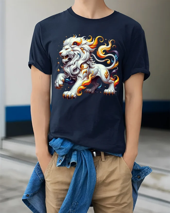 Celestial White Lion Flame, Bold Artistic Tshirt - model wearing navy shirt, hands in pockets
