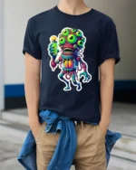 Freaky Alien Experiment Glow Brain Monster Tshirt - model wearing navy shirt, hands in pockets