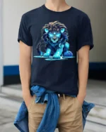 Enchanted Lion Energy Tshirt - model wearing navy shirt, hands in pockets