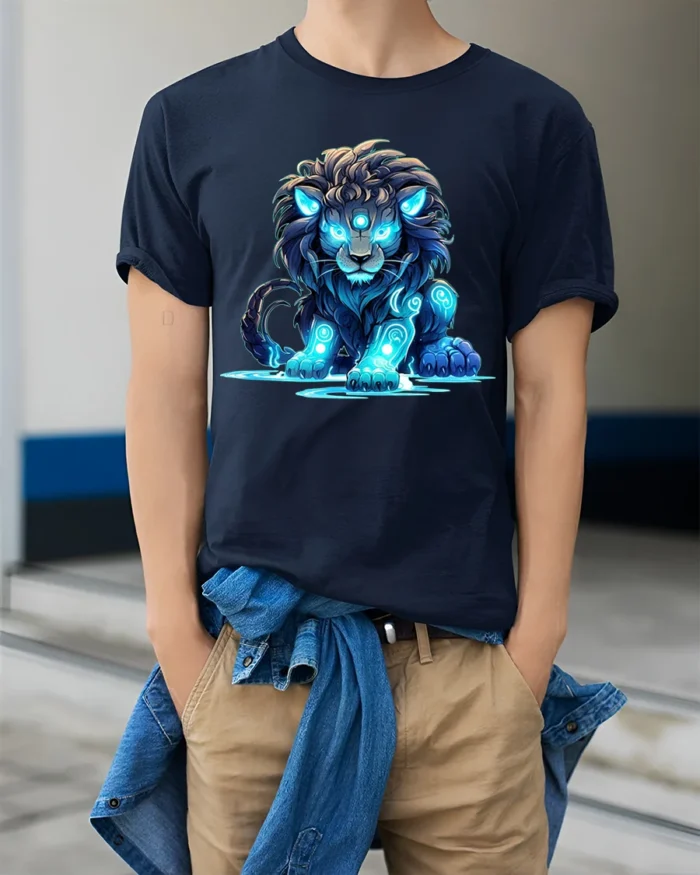 Enchanted Lion Energy Tshirt - model wearing navy shirt, hands in pockets