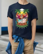 Fun Skeleton Surf Tshirt - model wearing navy shirt, hands in pockets