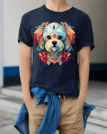 Whimsical Dog Portrait Tshirt - model wearing navy shirt, hands in pockets