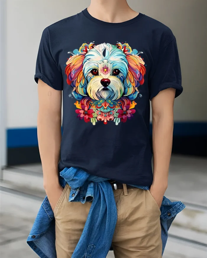 Whimsical Dog Portrait Tshirt - model wearing navy shirt, hands in pockets