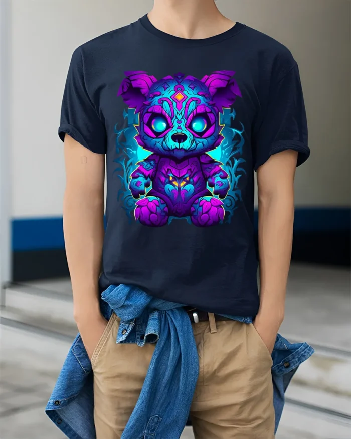 Tshirt Mystic Energy Bear - model wearing navy shirt, hands in pockets
