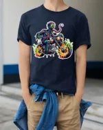 Zombie Rider Flames Tshirt - model wearing navy shirt, hands in pockets