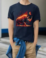 Firestorm Rhino Adventure Tee - model wearing navy shirt, hands in pockets
