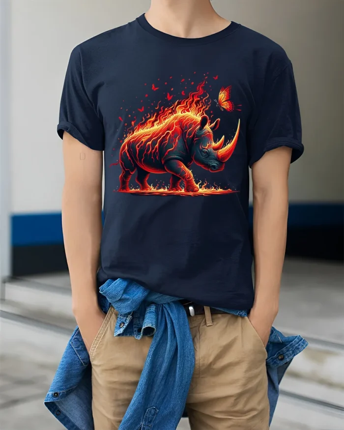 Firestorm Rhino Adventure Tee - model wearing navy shirt, hands in pockets