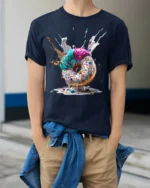 Melting Donut Explosion, Candy Sprinkle Graphic Tshirt - model wearing navy shirt, hands in pockets
