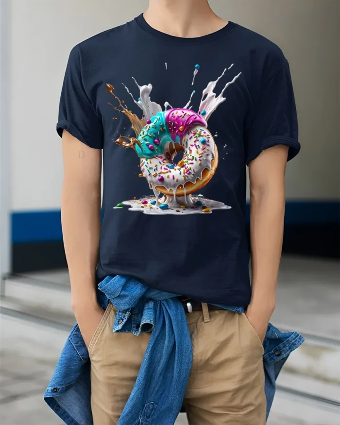 Melting Donut Explosion, Candy Sprinkle Graphic Tshirt - model wearing navy shirt, hands in pockets