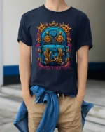 Futuristic Backpack Robotics Tee - model wearing navy shirt, hands in pockets