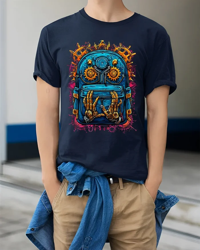 Futuristic Backpack Robotics Tee - model wearing navy shirt, hands in pockets