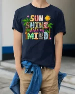 Sunshine State of Mind Shirt, Bold Island Style Tee - model wearing navy shirt, hands in pockets