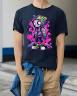 Hooded Skeleton Urban Graphic Tshirt, Bold Neon Colors - model wearing navy shirt, hands in pockets