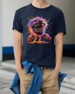 Tshirt Crazy Colorful Furry Monster, Fun Graphic - model wearing navy shirt, hands in pockets