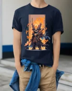 Epic Fire Knight Battle Armor Tshirt for Gamers - model wearing navy shirt, hands in pockets