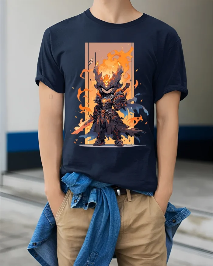 Epic Fire Knight Battle Armor Tshirt for Gamers - model wearing navy shirt, hands in pockets