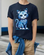 Artistic Blue Cat, Floral Design Cat Lovers Tshirt - model wearing navy shirt, hands in pockets