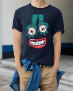 Tshirt Creepy Smile and Eyes, Funky Horror Art - model wearing navy shirt, hands in pockets