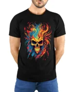 Psychedelic Flame Skull, Wild Fire Art TShirt - model wearing black shirt, hands behind back
