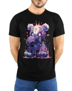 Neon Stitched Teddy Bear TShirt, Edgy Cute Design - model wearing black shirt, hands behind back