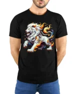 Celestial White Lion Flame, Bold Artistic Tshirt - model wearing black shirt, hands behind back