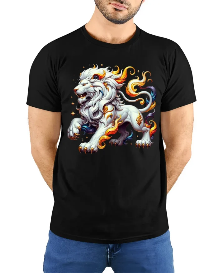Celestial White Lion Flame, Bold Artistic Tshirt - model wearing black shirt, hands behind back
