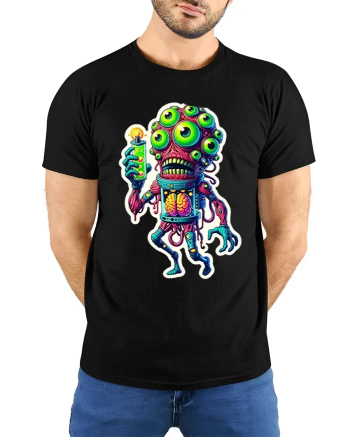 Freaky Alien Experiment Glow Brain Monster Tshirt - model wearing black shirt, hands behind back