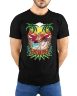Fun Skeleton Surf Tshirt - model wearing black shirt, hands behind back