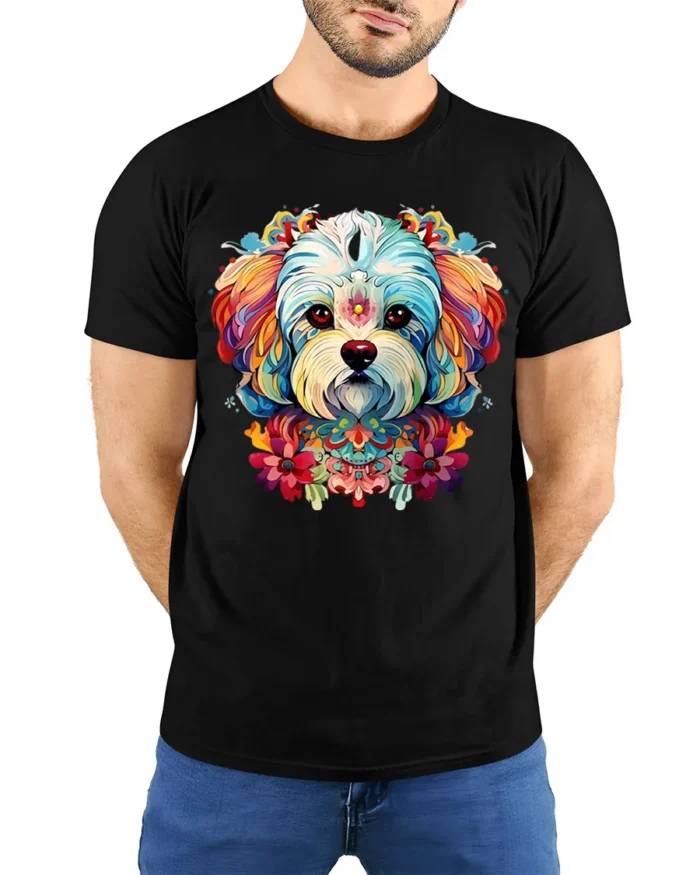 Whimsical Dog Portrait Tshirt - model wearing black shirt, hands behind back