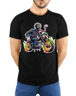 Zombie Rider Flames Tshirt - model wearing black shirt, hands behind back